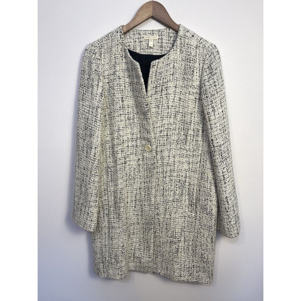 Eileen Fisher Jacket Womens Large Cream Black Single Button Tweed Trench Coat
